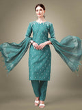 Jyoti Fashion Women's Teal Cotton Blend Embroidery & Sequence work Kurta with Trouser & Dupatta