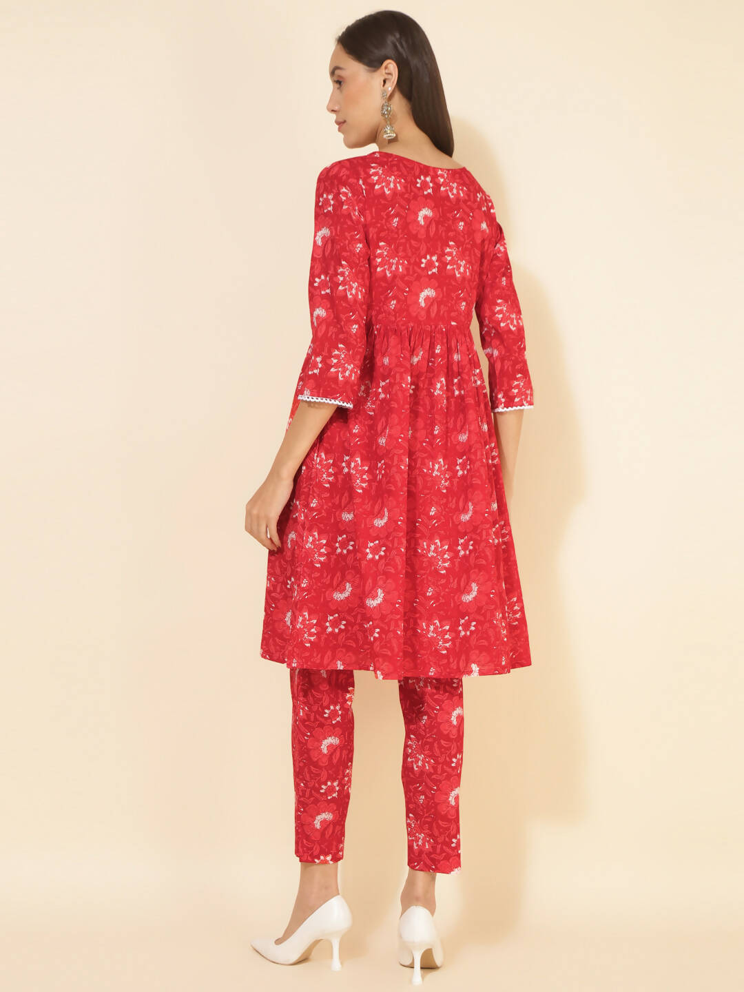 Janasya Women's Red Cotton Floral Printed Casual Flared Co-ords