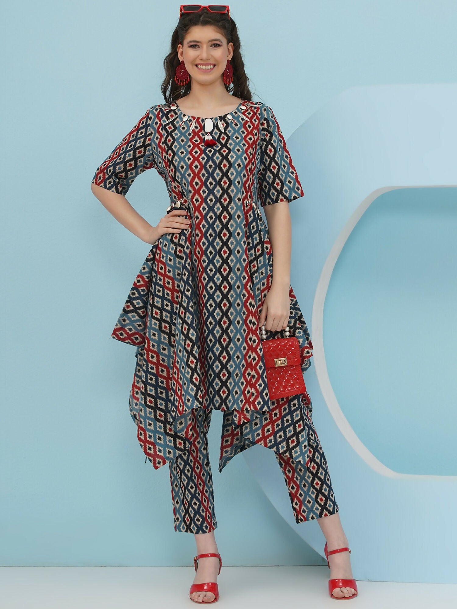 Joban Fashion Ikkat Printed Co Ord Set - Blue Red