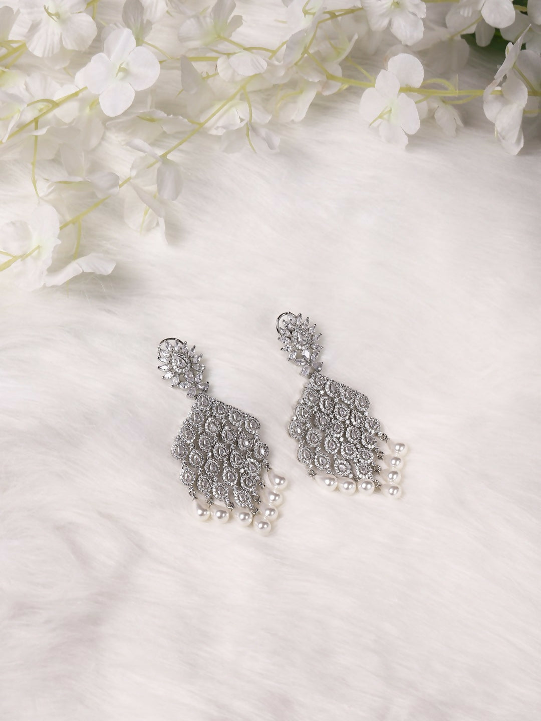 Silver Earrings with Pearl Drops- Ruby Raang