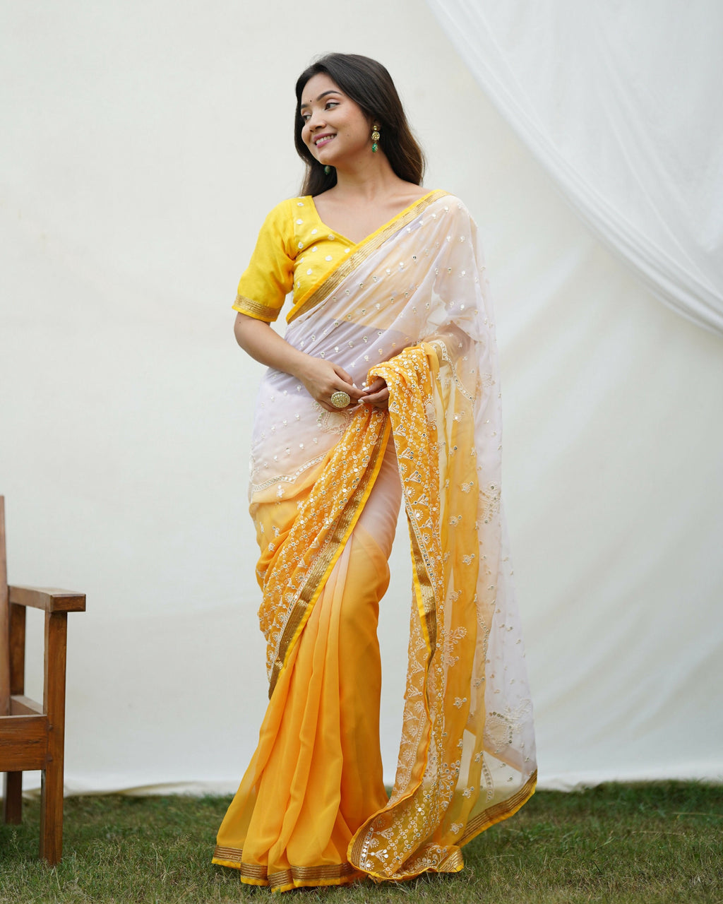 Vamsee Yellow Sequence 2 Yellow & White Georgette Saree
