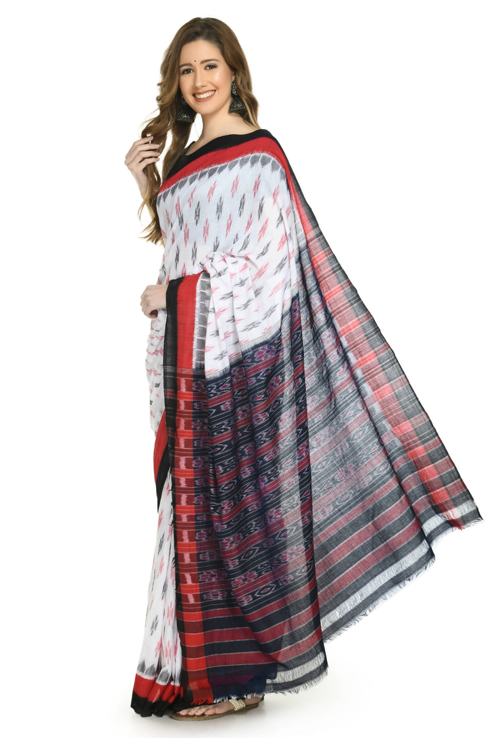 Vamika Sambalpuri Ikat Cotton Dehabandha White, Red & Black Saree