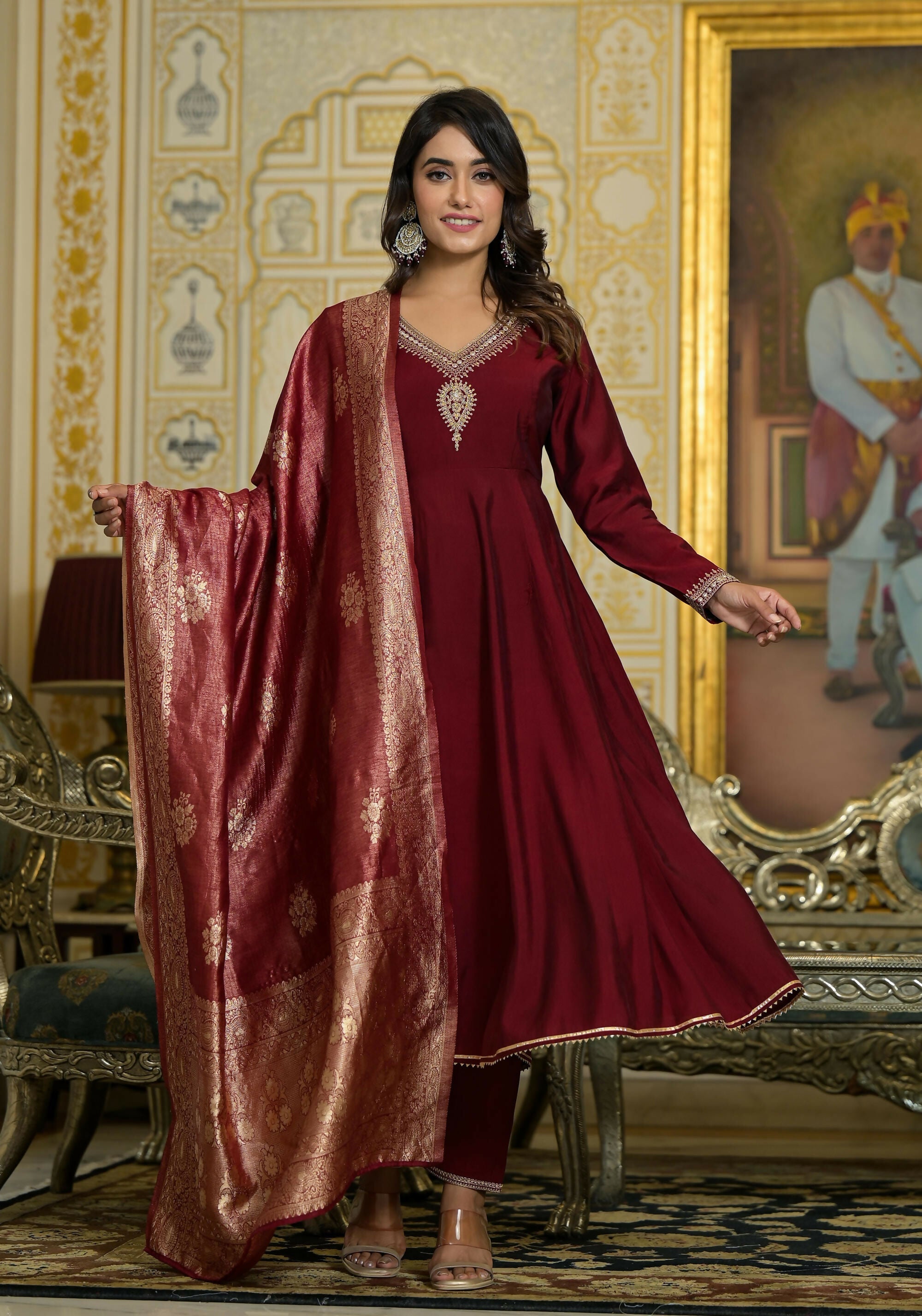 Juniper Women's Maroon Zari Embroidered Viscose Kurta Pant And Dupatta Set With Sequins & Lace