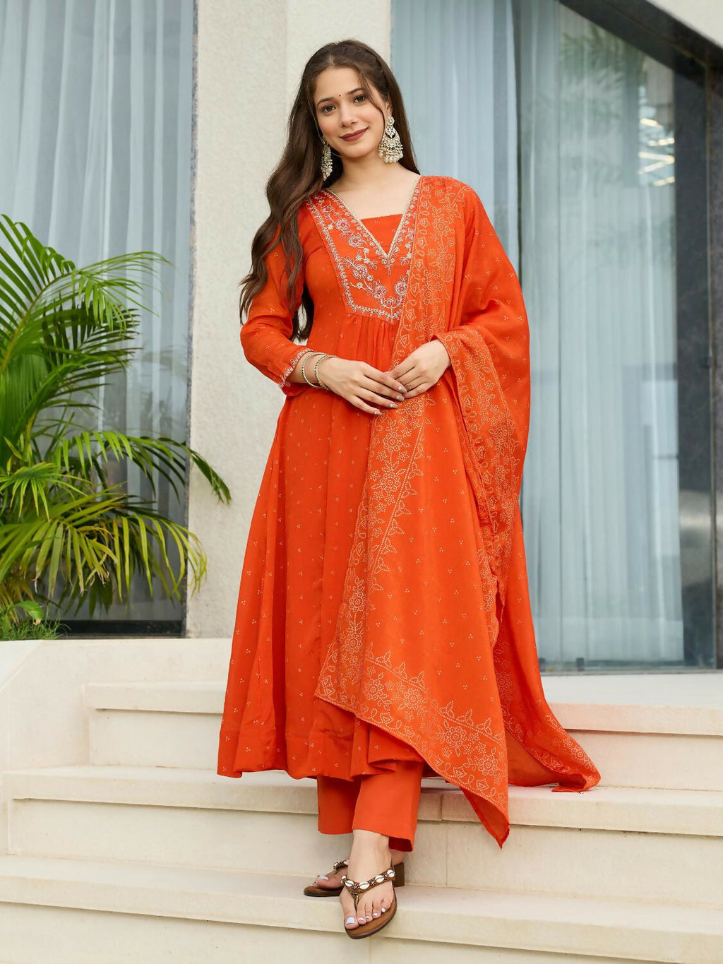 The52 Orange Women's Gorgeous Embroidered Chinon Fabric Flared Kurta Pant and Dupatta Set