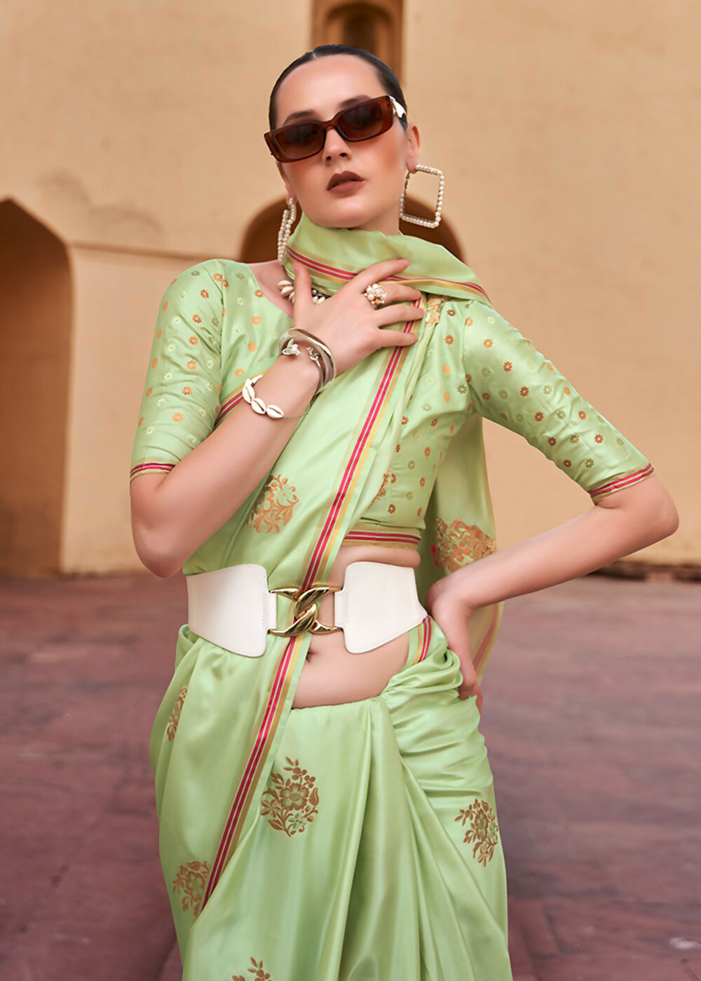 Sprout Green Pure Satin Zari Weaving Wedding Festive Saree - Emponline
