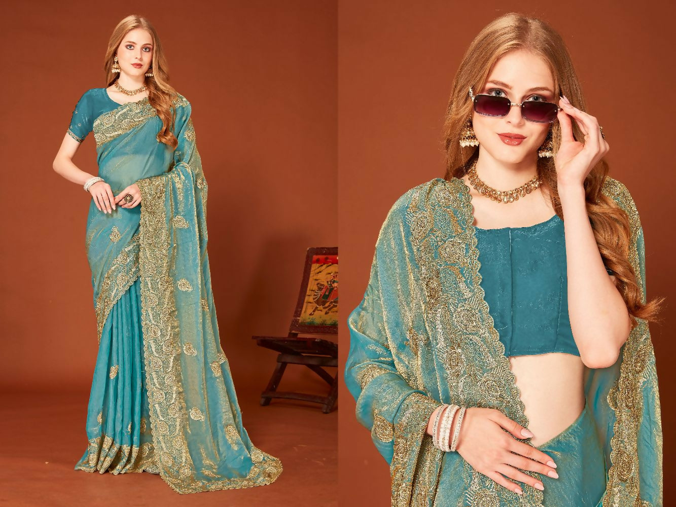 PR Fashion Ice Blue Fendi Two Tone Silk Heavy Zari Embroidery Work With Zircon Work Saree