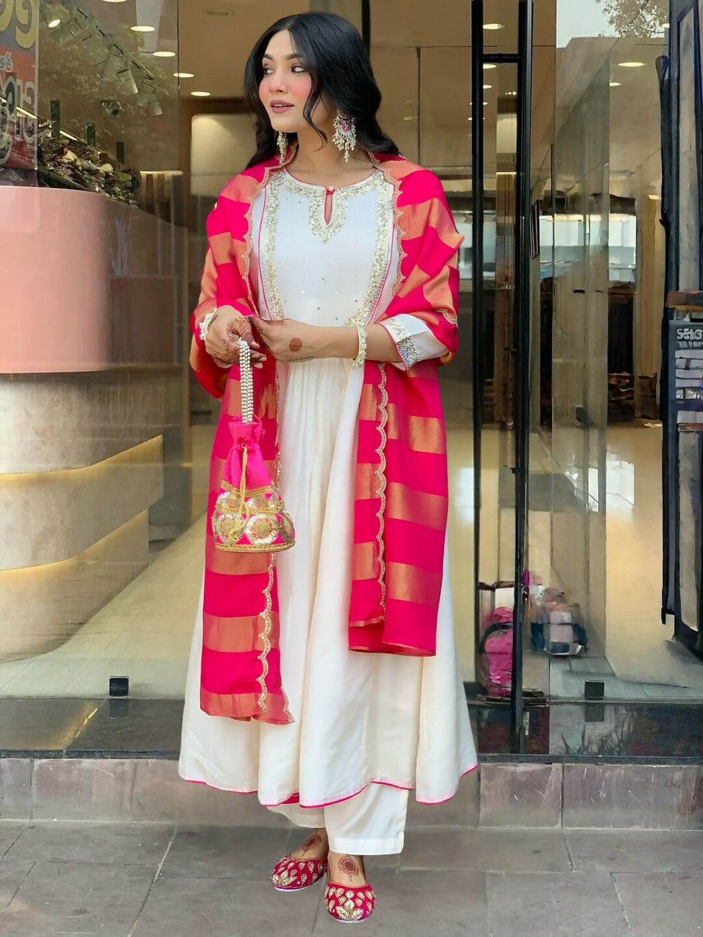 The52 White Women's Gorgeous Embroidered Work Chanderi Fabric Flared Kurta Pant and Dupatta Set