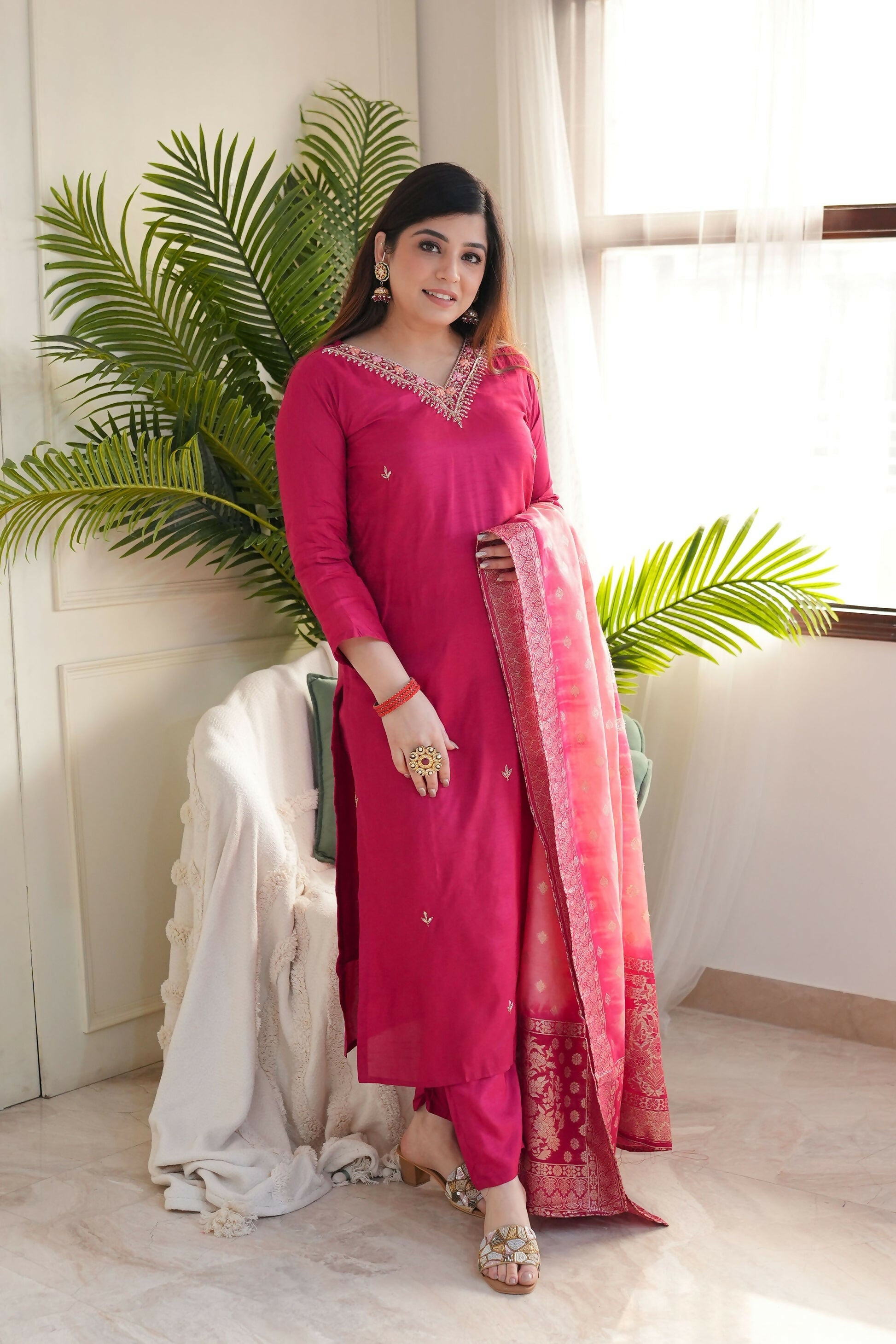 The52 Pink Women's Gorgeous Embroidered Vichitra Fabric Straight Kurta Pant with Dupatta Set