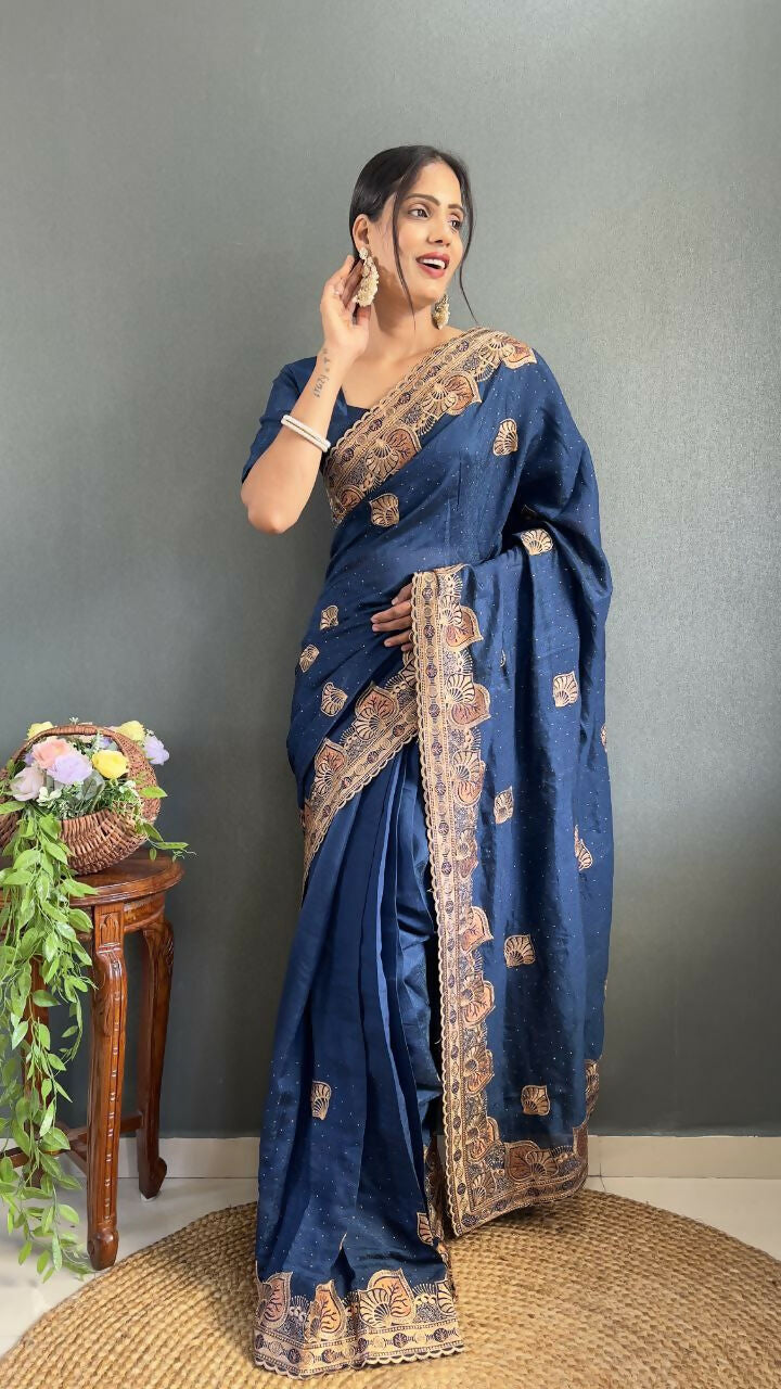 Vastranavya Blue Vichitra Silk Zari with Swarovski Work Ready to Wear Saree
