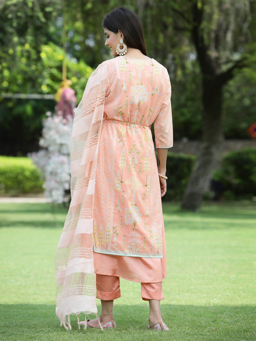 Juniper Orange Ethnic Motif Printed Georgette Kurta Pants & Dupatta Set With Tassels & Lace
