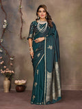 Joban Fashion Teal Floral Motifs Banarasi Silk Sarees