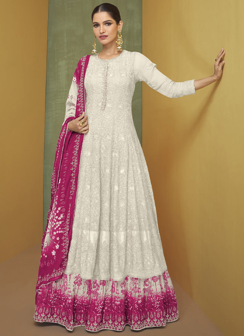 Vegaa Fashion White Georgette Embroidery Anarkali Salwar Kameez
