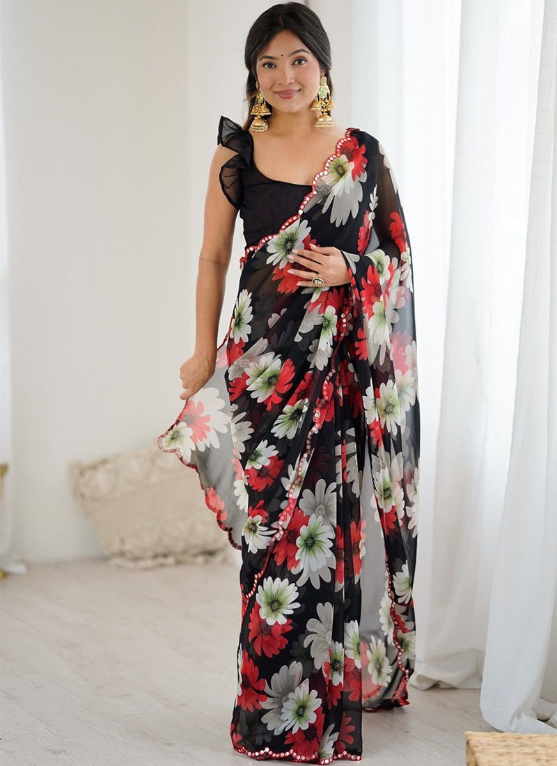 Vegaa Fashion Black Georgette Silk Printed Mirror Work Border Designer Saree