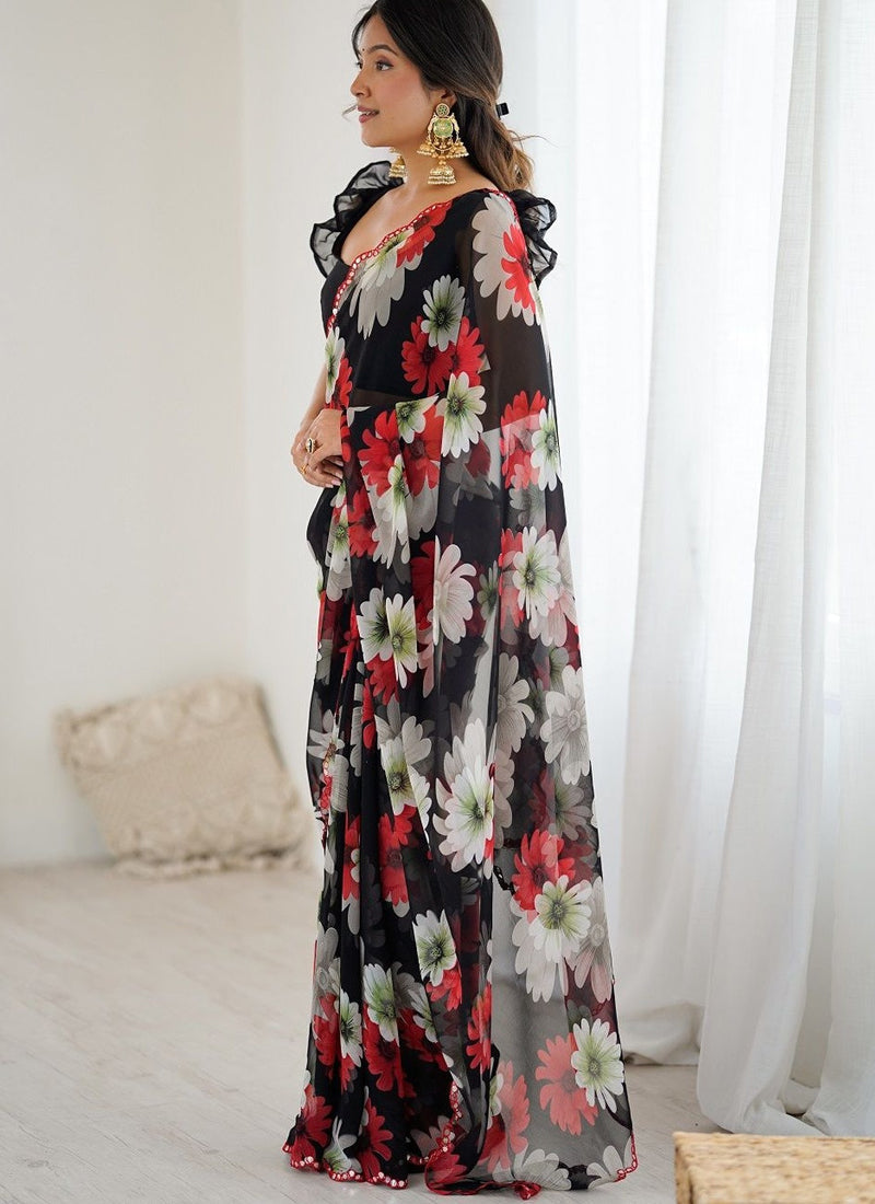 Vegaa Fashion Black Georgette Silk Printed Mirror Work Border Designer Saree