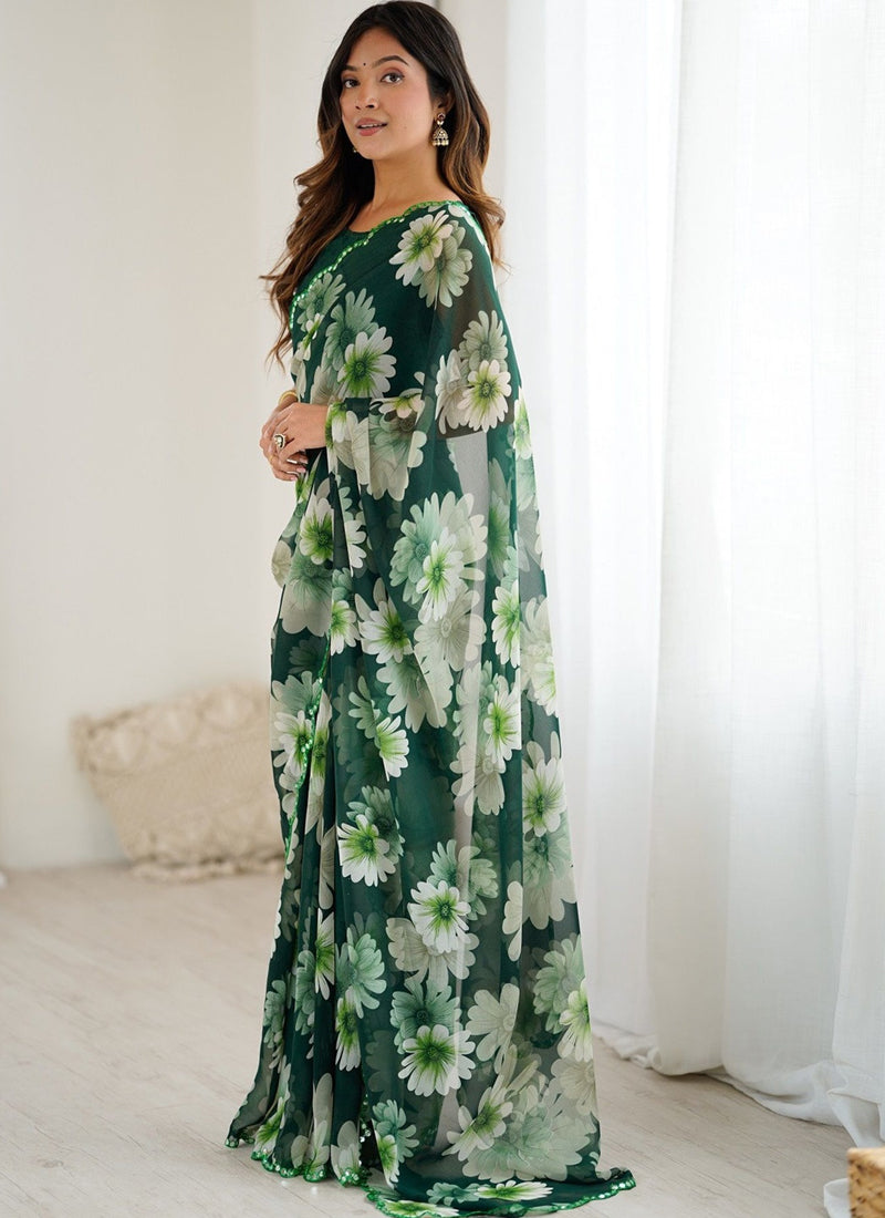 Vegaa Fashion Green Georgette Silk Printed Mirror Work Border Designer Saree
