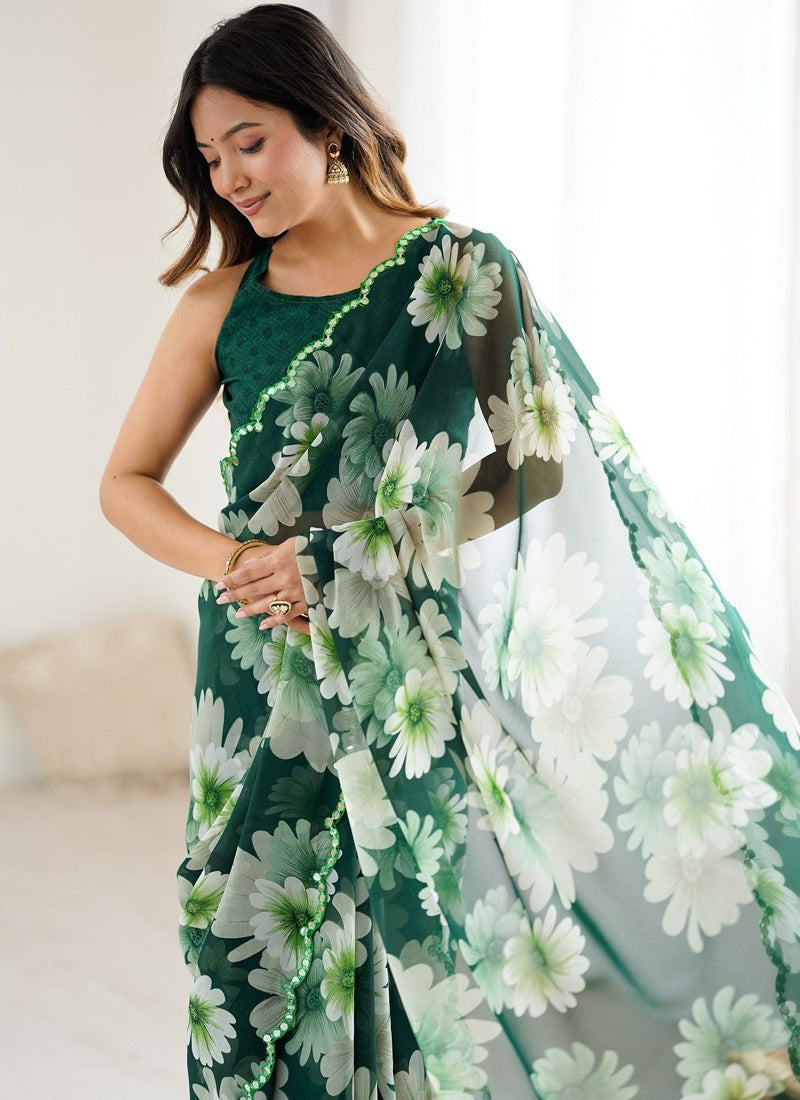 Vegaa Fashion Green Georgette Silk Printed Mirror Work Border Designer Saree