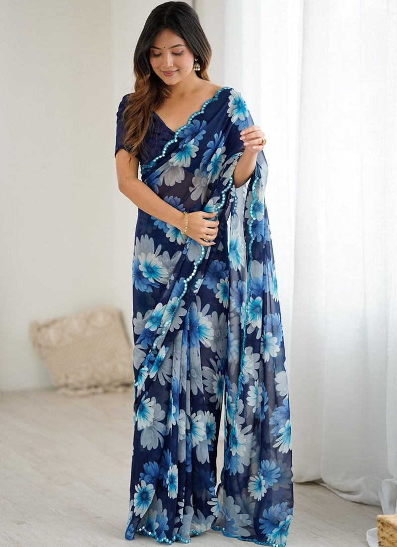Vegaa Fashion Blue Georgette Silk Printed Mirror Work Border Designer Saree