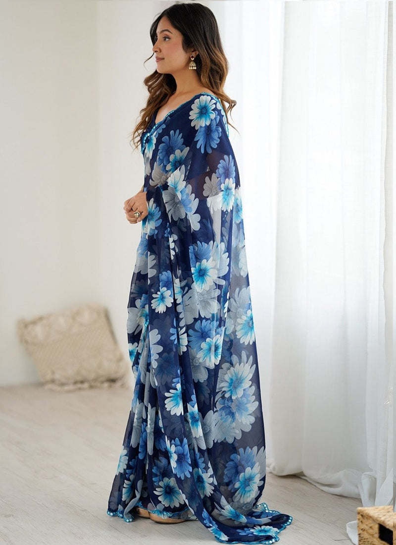 Vegaa Fashion Blue Georgette Silk Printed Mirror Work Border Designer Saree