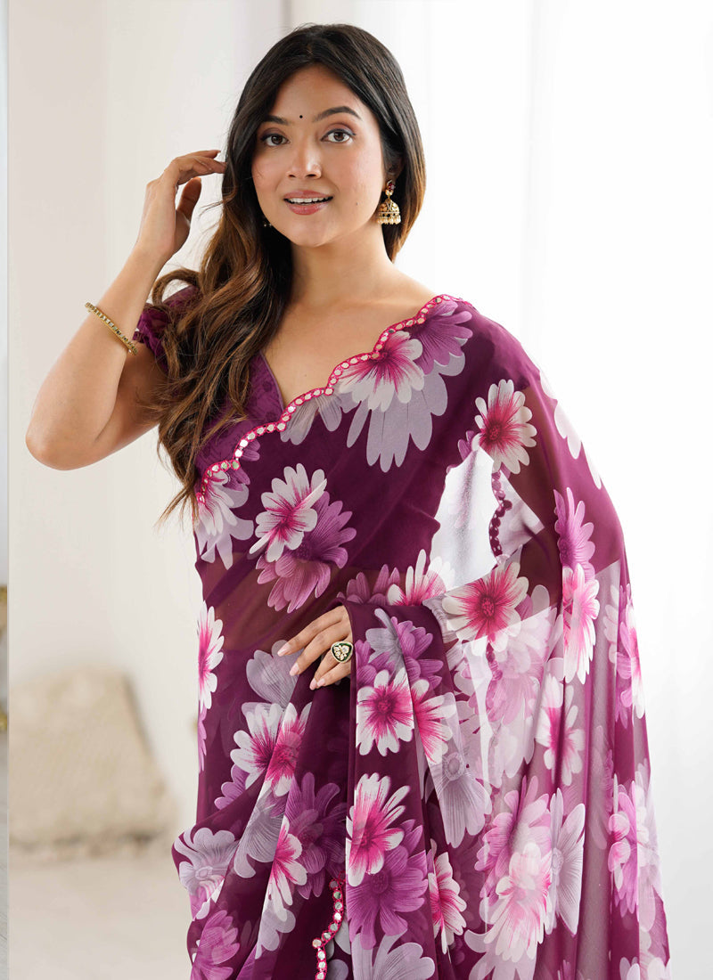 Vegaa Fashion Purple Georgette Silk Printed Mirror Work Border Designer Saree
