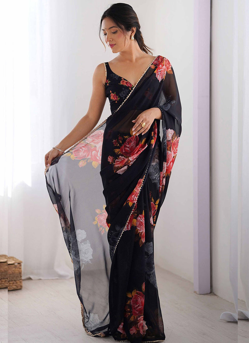 Vegaa Fashion Black Georgette Silk Printed Moti Work Border Designer Saree