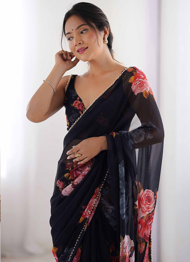 Vegaa Fashion Black Georgette Silk Printed Moti Work Border Designer Saree