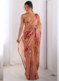 Vegaa Fashion Peach Georgette Silk Printed Moti Work Border Designer Saree