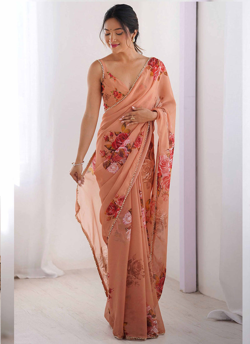 Vegaa Fashion Peach Georgette Silk Printed Moti Work Border Designer Saree