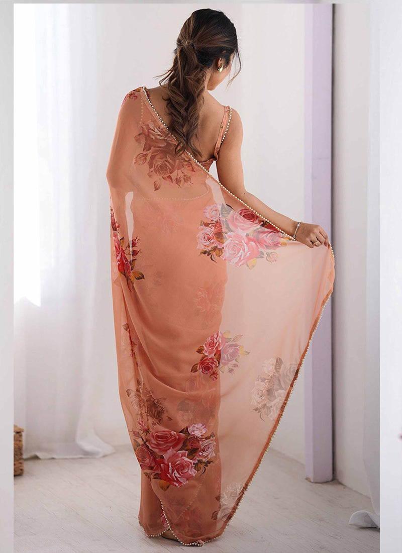 Vegaa Fashion Peach Georgette Silk Printed Moti Work Border Designer Saree