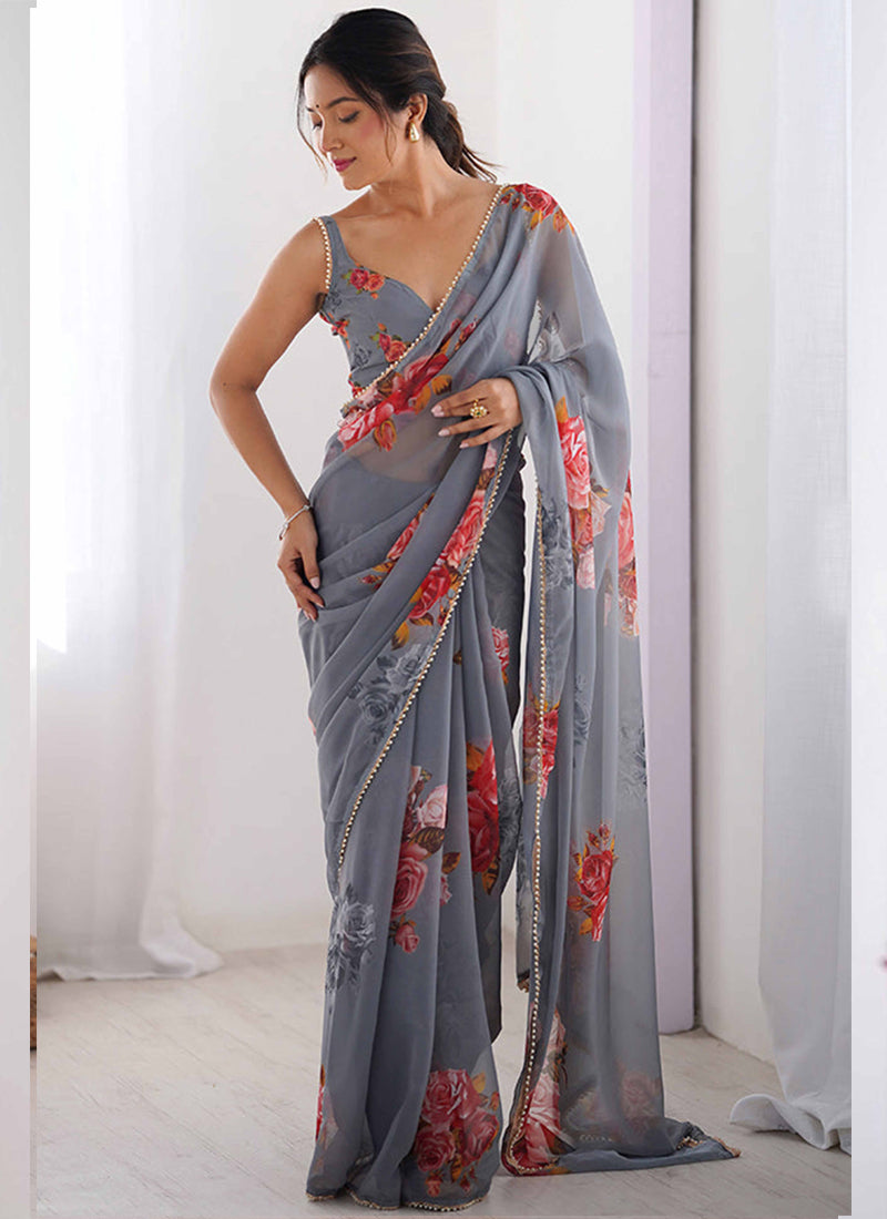 Vegaa Fashion Grey Georgette Silk Printed Moti Work Border Designer Saree