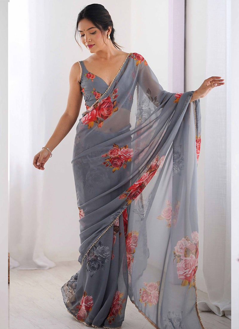 Vegaa Fashion Grey Georgette Silk Printed Moti Work Border Designer Saree