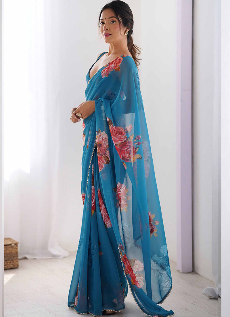 Vegaa Fashion Sky Blue Georgette Silk Printed Moti Work Border Designer Saree