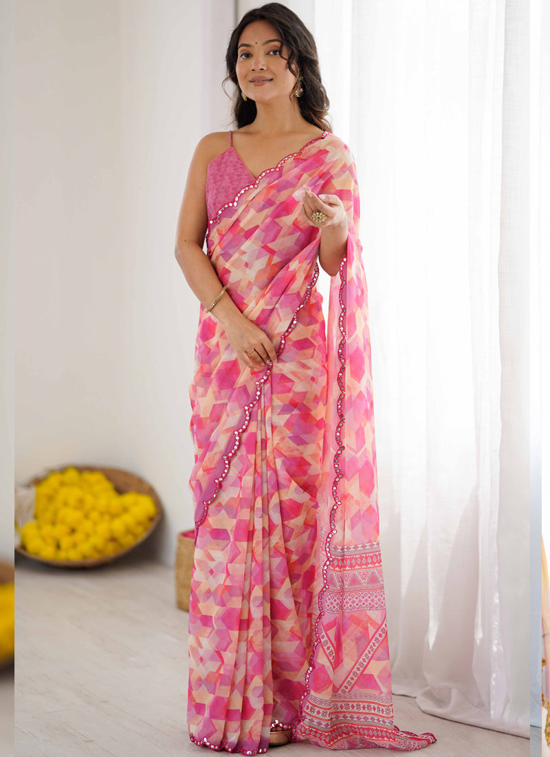 Vegaa Fashion Pink Georgette Printed Mirror Work Border Designer Saree
