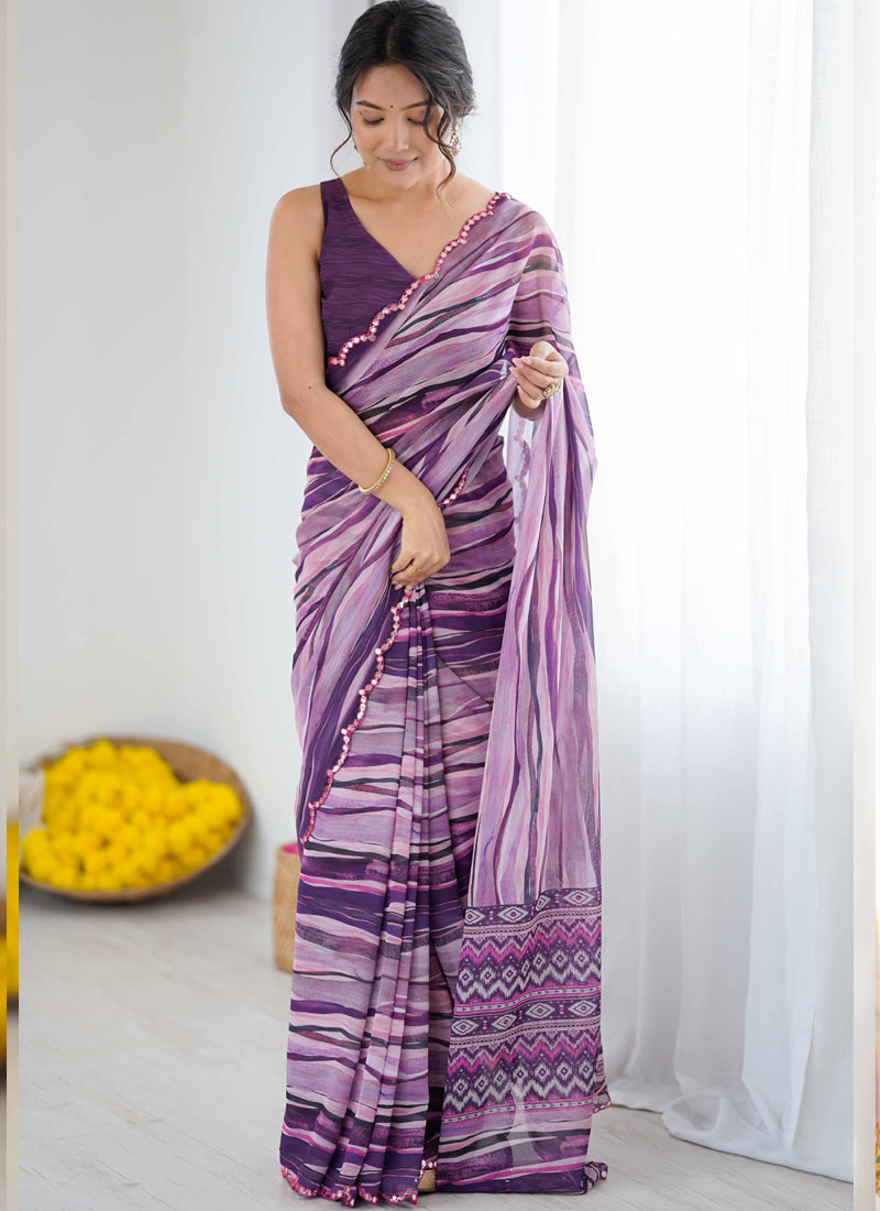 Vegaa Fashion Purple Georgette Printed Mirror Work Border Designer Saree