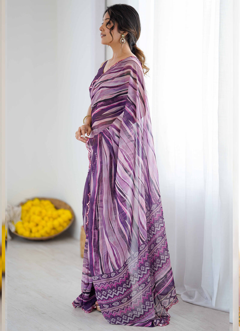 Vegaa Fashion Purple Georgette Printed Mirror Work Border Designer Saree