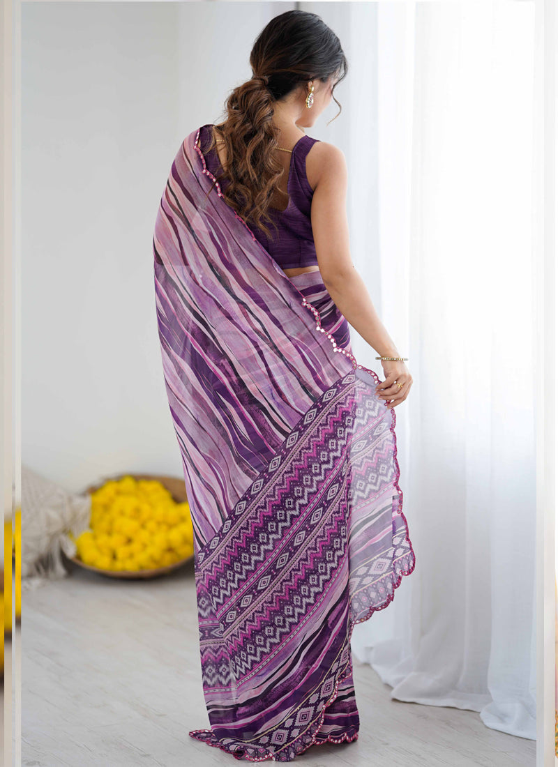 Vegaa Fashion Purple Georgette Printed Mirror Work Border Designer Saree