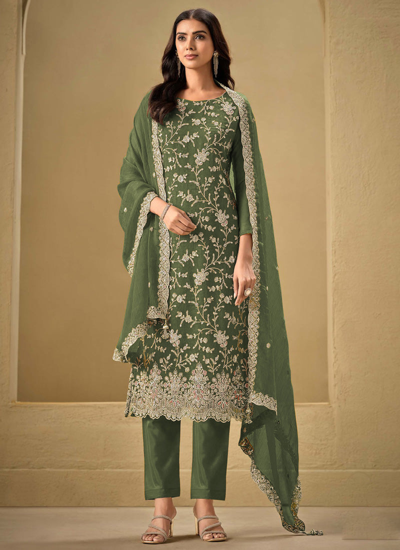 Vegaa Fashion Mahendi Chinon Sequence Embroidered Salwar Suit