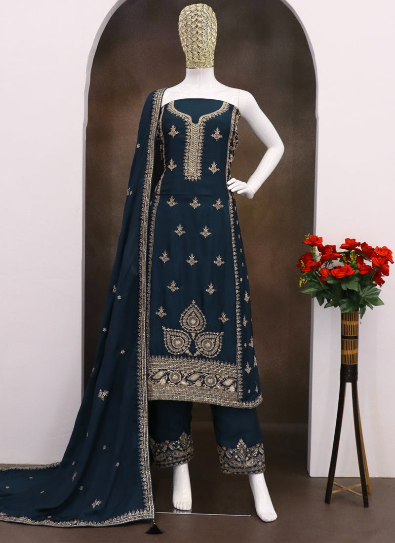 Vegaa Fashion Blue Chinon Silk Embroidered Designer Salwar Suit