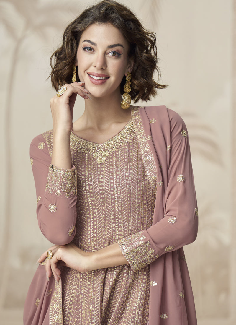 Vegaa Fashion Peach Georgette Embroidered Designer Palazzo Suit