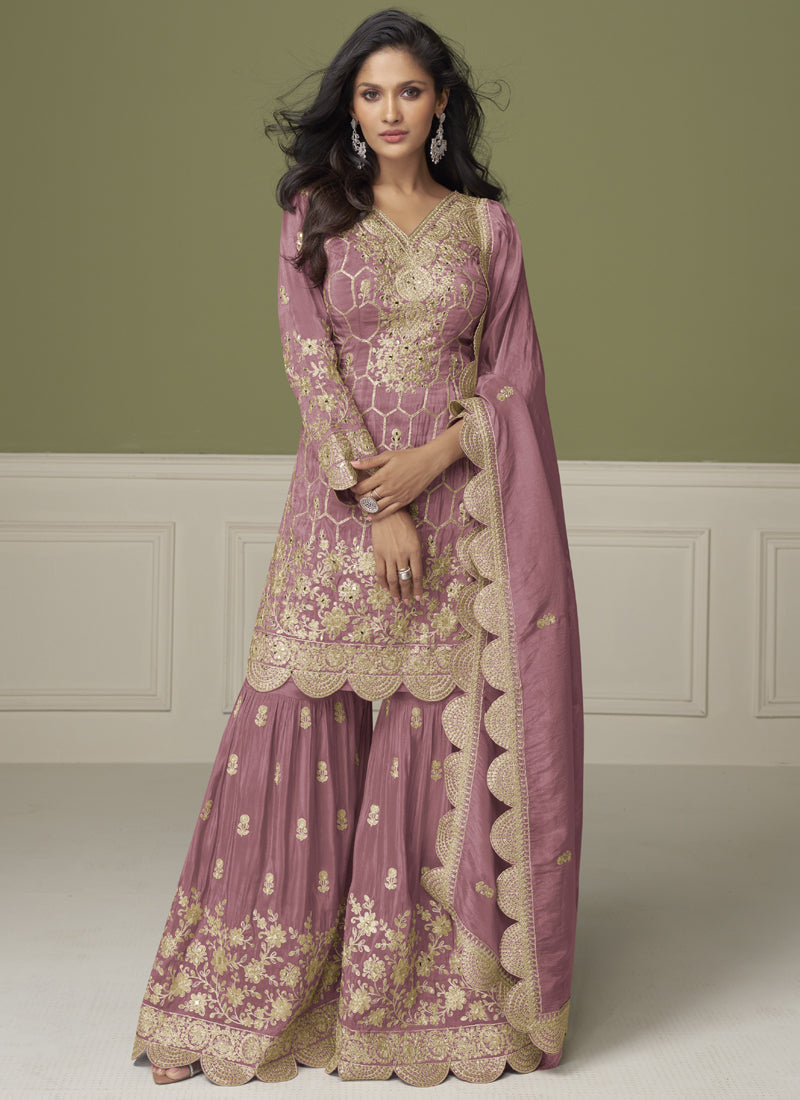 Vegaa Fashion Onion Pink Simar Silk Embroidered Designer Palazzo Suit