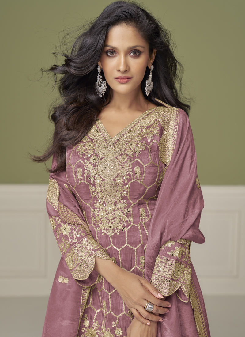 Vegaa Fashion Onion Pink Simar Silk Embroidered Designer Palazzo Suit