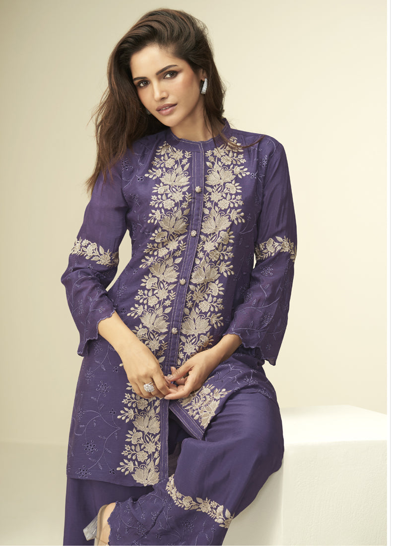 Vegaa Fashion Violet Chinon Silk Embroidered Designer Co Ord Set