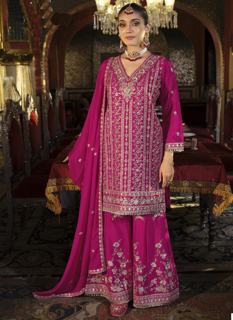 Vegaa Fashion Rani Pink Chinon Silk Embroidered Designer Palazzo Suit