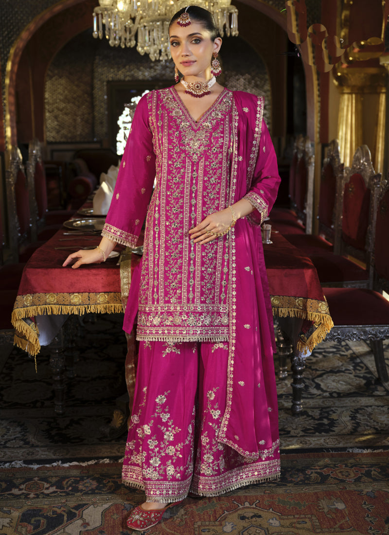 Vegaa Fashion Rani Pink Chinon Silk Embroidered Designer Palazzo Suit