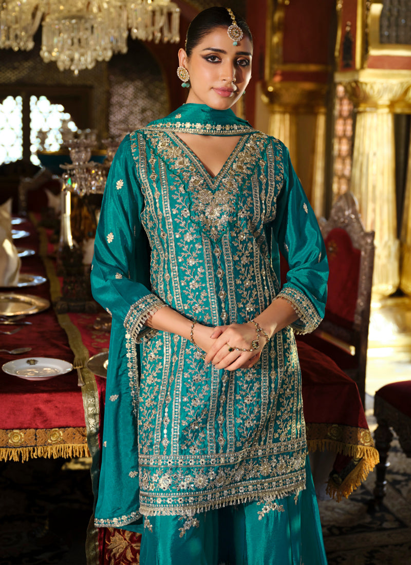 Vegaa Fashion Turquoise Chinon Silk Embroidered Designer Palazzo Suit