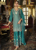 Vegaa Fashion Turquoise Chinon Silk Embroidered Designer Palazzo Suit