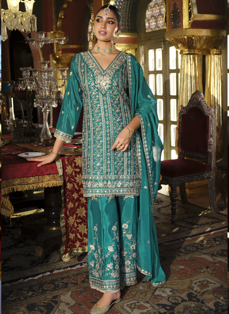 Vegaa Fashion Turquoise Chinon Silk Embroidered Designer Palazzo Suit