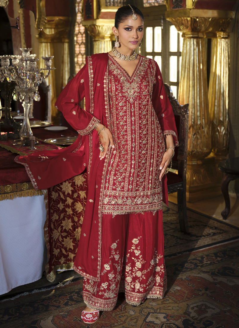 Vegaa Fashion Maroon Chinon Silk Embroidered Designer Palazzo Suit