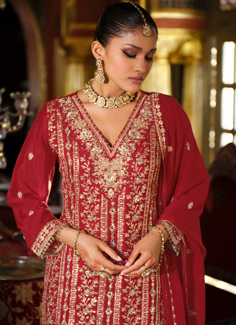 Vegaa Fashion Maroon Chinon Silk Embroidered Designer Palazzo Suit