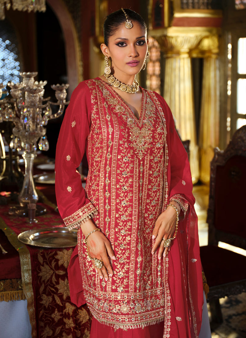 Vegaa Fashion Maroon Chinon Silk Embroidered Designer Palazzo Suit