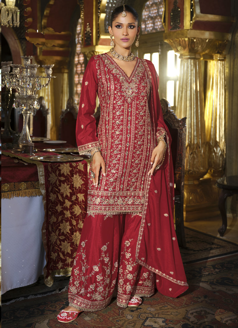 Vegaa Fashion Maroon Chinon Silk Embroidered Designer Palazzo Suit